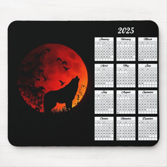 Mousepad 2025 Wolf Silhouette e Calendário da Lua Sanguínea (Frente)