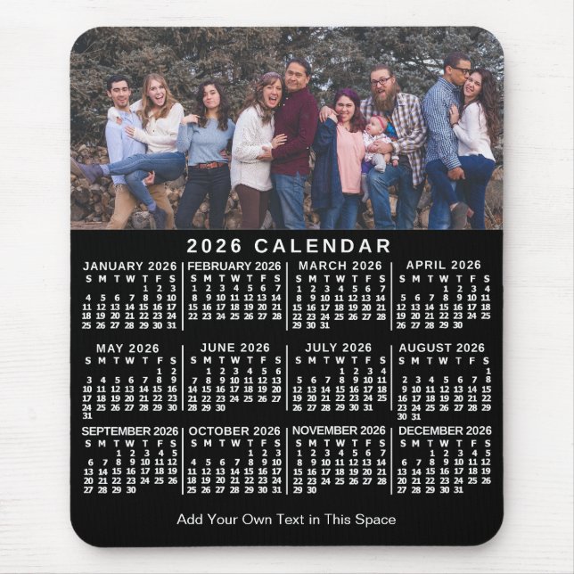 Mousepad 2026 Calendar Black Personalized Photo Name Bold (Frente)