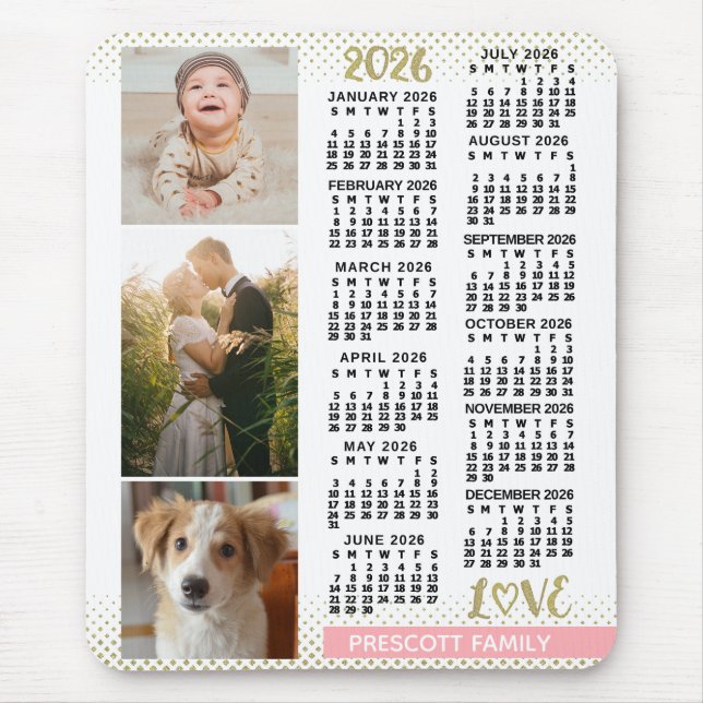 Mousepad 2026 Calendar Blush Pink Gold Family Photo Collage (Frente)