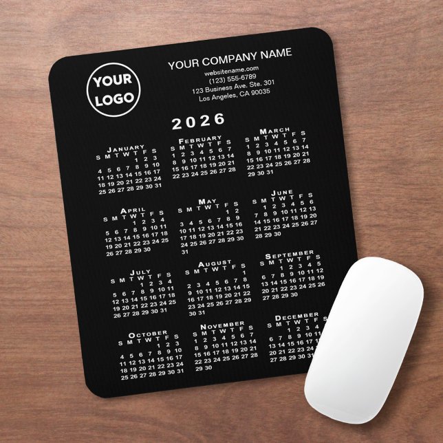 Mousepad 2026 Calendar Business Logo and Text Black (2026 Calendar Business Logo and Text Black Mouse Pad, in situ)