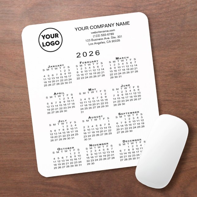 Mousepad 2026 Calendar Business Logo and Text on White (2026 Calendar Business Logo and Text on White Mouse Pad, in situ)