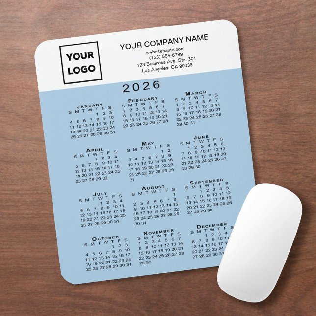 Mousepad 2026 Calendar Business Logo Text Light Blue (2026 Calendar Business Logo Text Light Blue Mouse Pad, in situ)