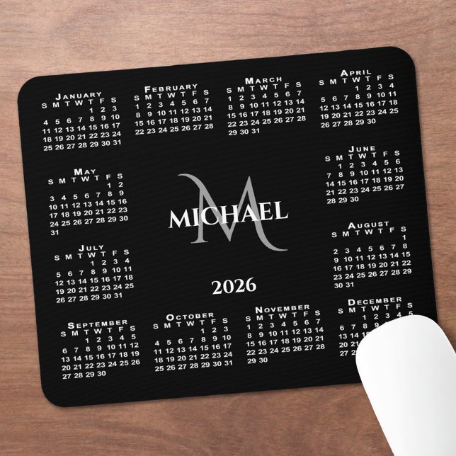 Mousepad 2026 Calendar Chic Monogram Name on Black (2026 Calendar Chic Monogram Name on Black Mouse Pad with mouse)
