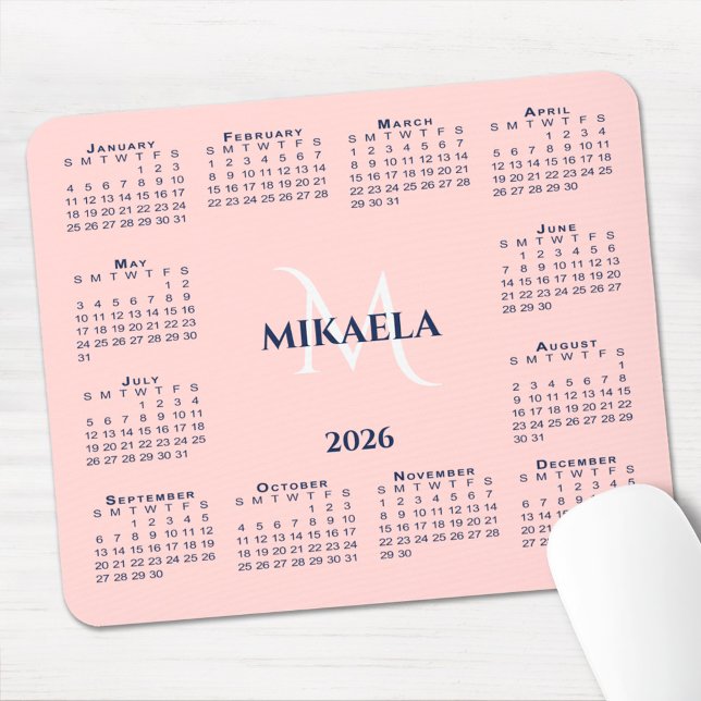Mousepad 2026 Calendar Chic Monogram Name on Coral Pink (2026 Calendar Chic Monogram Name on Coral Pink Mouse Pad with mouse)