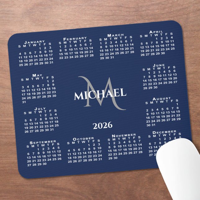 Mousepad 2026 Calendar Chic Monogram Name on Navy Blue (2026 Calendar Chic Monogram Name on Navy Blue Mouse Pad, in situ)