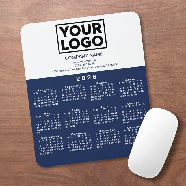 Mousepad 2026 Calendar Company Logo and Text Navy White (2026 Calendar Company Logo and Text Navy White Mouse Pad, in situ)