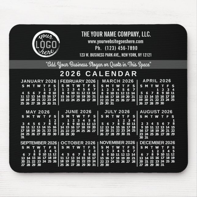 Mousepad 2026 Calendar Custom Business Logo Name Easy Black (Frente)