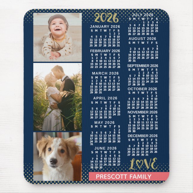 Mousepad 2026 Calendar Navy Coral Gold Family Photo Collage (Frente)