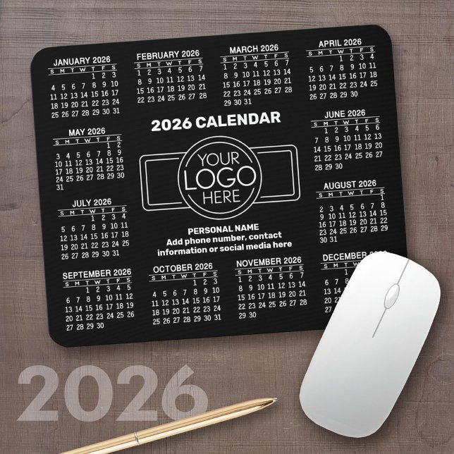 Mousepad 2026 Calendar with logo, Contact Information Black (2026 Calendar on a Mousepad)