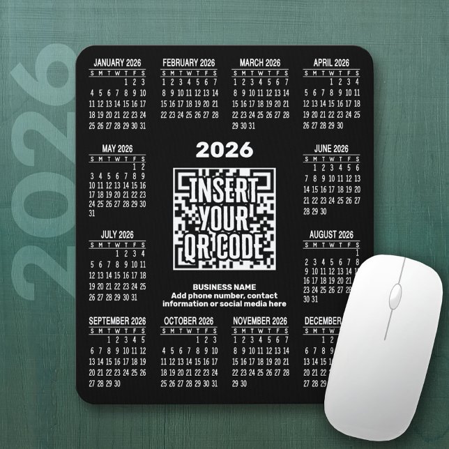 Mousepad 2026 Calendar with QR Code Contact Info Black (2026 Calendar on a Mousepad)