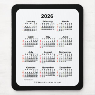 Mousepad 2026 Calendário de 52 Semanas com Dois Tons Pretos