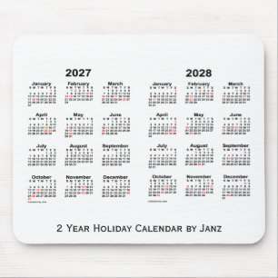 Mousepad 2027-2028 branco calendário de um feriado de 2