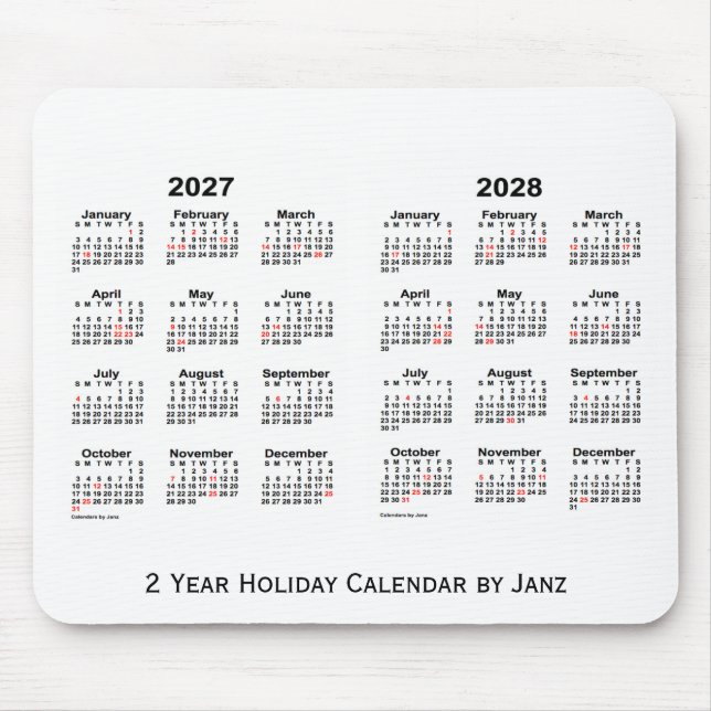 Mousepad 2027-2028 Calendário branco de férias de 2 anos de (Frente)
