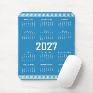 Mousepad 2027 Calendar, Greek Fret, Cosmic Latte on Blue