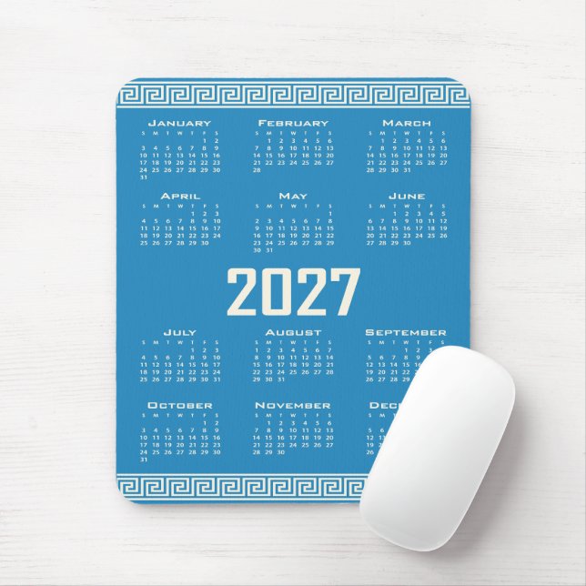 Mousepad 2027 Calendar, Greek Fret, Cosmic Latte on Blue (Com mouse)