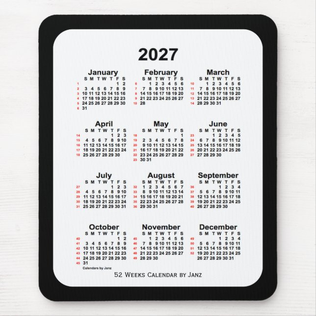 Mousepad 2027 Calendário de 52 Semanas com Dois Tons Pretos (Frente)