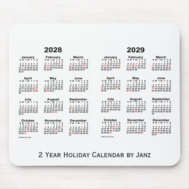 Mousepad 2028-2029 Calendário branco de férias de 2 anos de (Frente)