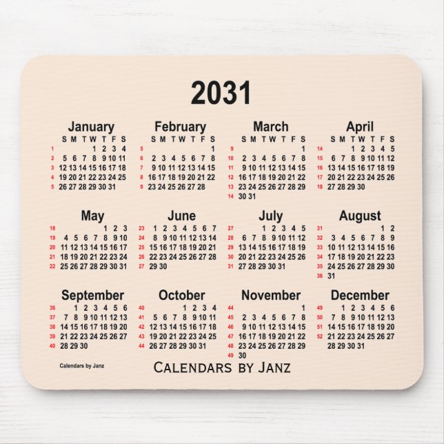 Mousepad 2031 Calendário de 52 Semanas Branco Antiquado de  (Frente)