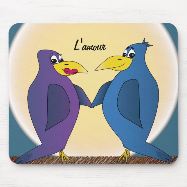 Mousepad 2 pássaros engraçados do amor na frente de uma lua (Frente)