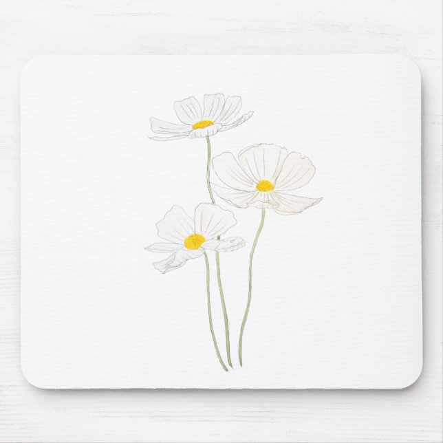 Mousepad 3 cosmos brancos flores tinta e aquarela (Frente)