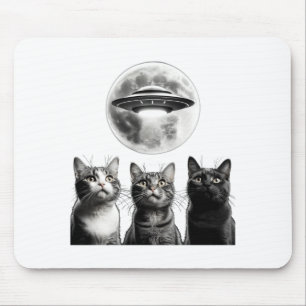 Mousepad 3 Gatos Assustados Lua OVNI Invasão Alien Terra En