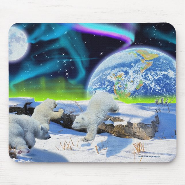 Mousepad 3 Ursos Polares Jogando Neve - Arte do Dia da Terr (Frente)