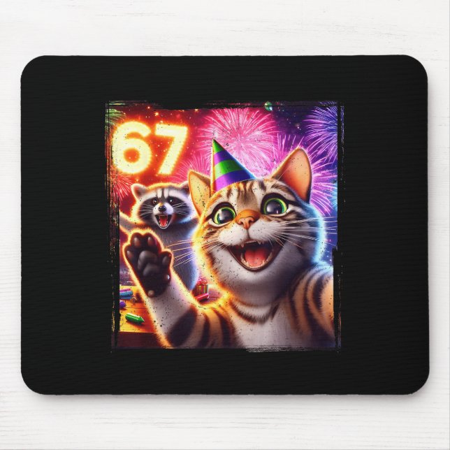 Mousepad 67 Meme Cat Raccoon New Year Selfie Funny Birthday (Frente)
