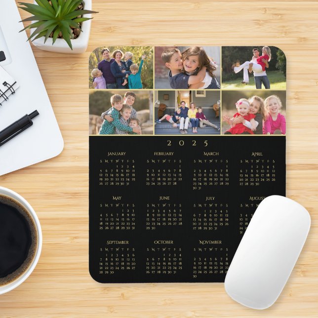 Mousepad 6 Calendário da Família Personalizada de Colagem d (6 Photo Collage Personalized Family 2025 Calendar Mouse Pad)