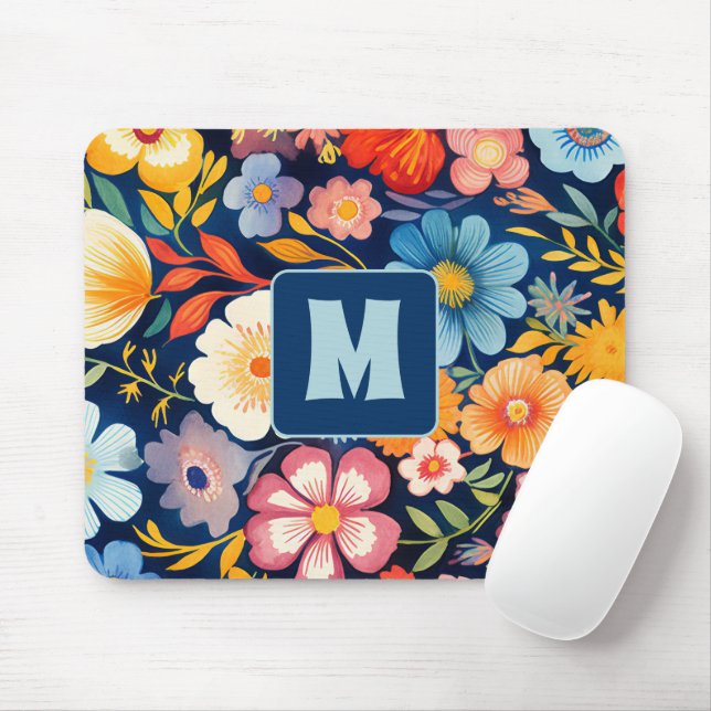 Mousepad 70s 60s Monograma Floral Retro Azul e Laranja (Com mouse)