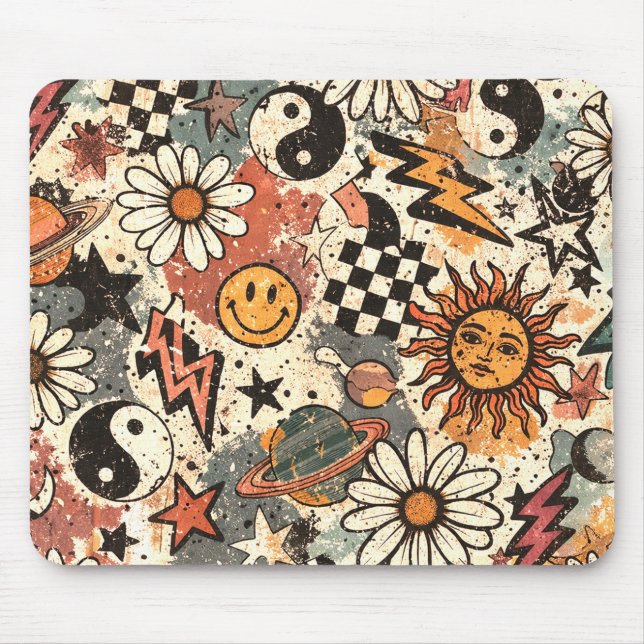 Mousepad 90s Happy Faces Sun Flowers Pattern (Frente)