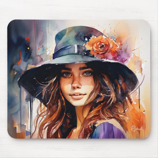 Mousepad A Mulher no Chapéu: Retrato da Graça Vibrante (Frente)