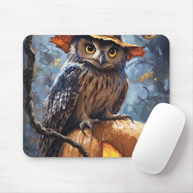 Mousepad A mysterious, charming owl wearing an orange hat s (Com mouse)