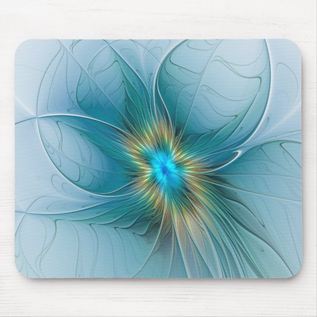 Mousepad A pequena Bela Flor Fractal Dourada Azul Moderna (Frente)