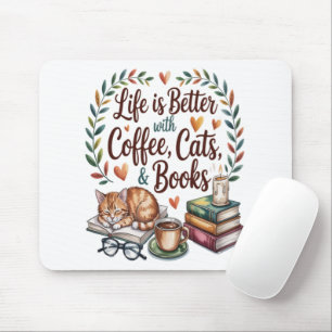 Mousepad A Vida é Melhor com Café Gatos Livros