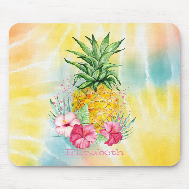 Mousepad Abacaxi,Hibiscus Aquarela Arco-Íris Tie Tye (Frente)