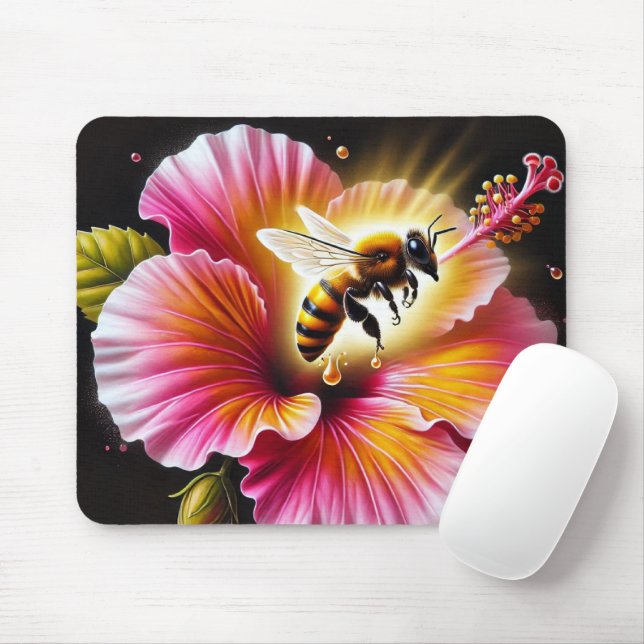 Mousepad Abelha de mel polinizando um hibisco brilhante (Com mouse)