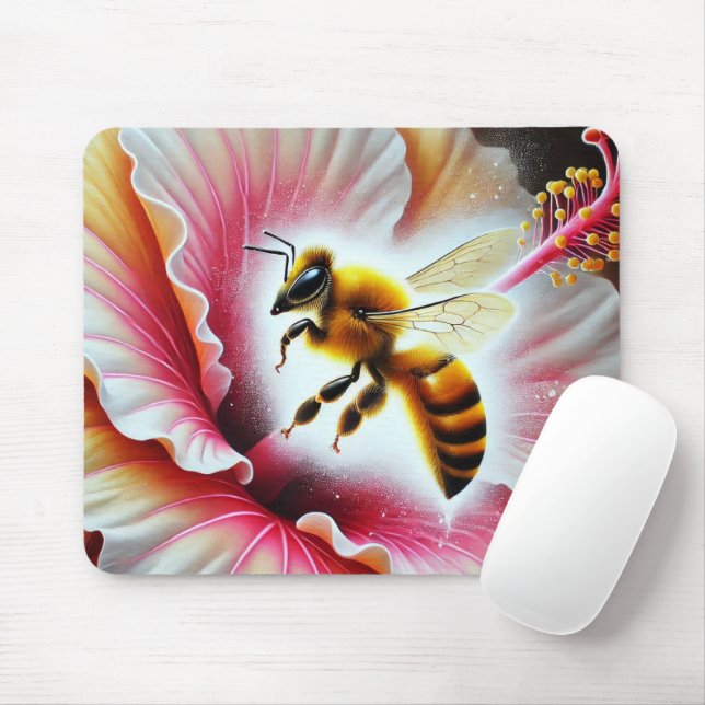 Mousepad Abelha Polinizando Flor Hibisco Bloqueando (Com mouse)