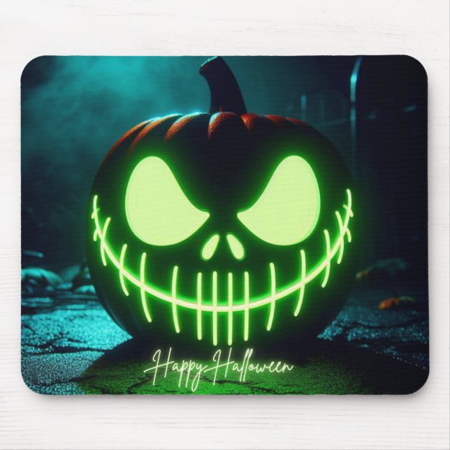 Mousepad Abóbora de Halloween assustadora com brilho verde (Frente)