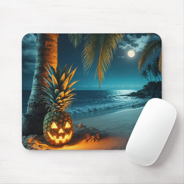 Mousepad Abóbora de Halloween de Abacaxi em uma Praia (Com mouse)