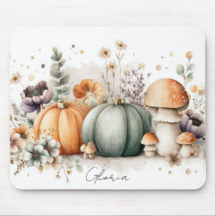 Mousepad Abóboras de Outono e Padrão de Flores de Outono