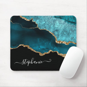 Mousepad Abstract Watercolor Teal Agate Gold Personalized