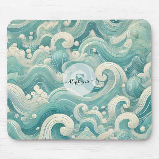 Mousepad Abstrato Aqua Blue & White Wave - Arte Fluida Mode (Frente)
