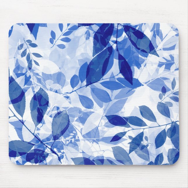 Mousepad Abstrato Azul e Folhas Brancas (Frente)