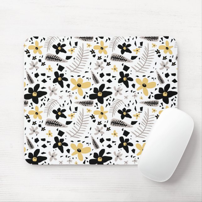 Mousepad Abstrato Black Yellow Cinza Floral Sem Costura Pad (Com mouse)