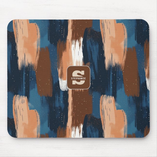 Mousepad Abstrato Brushstrokes em Azul, Branco e Marrom (Frente)