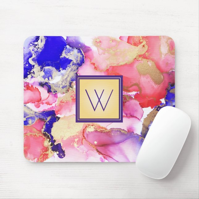 Mousepad Abstrato cor-de-rosa Monograma Roxo (Com mouse)
