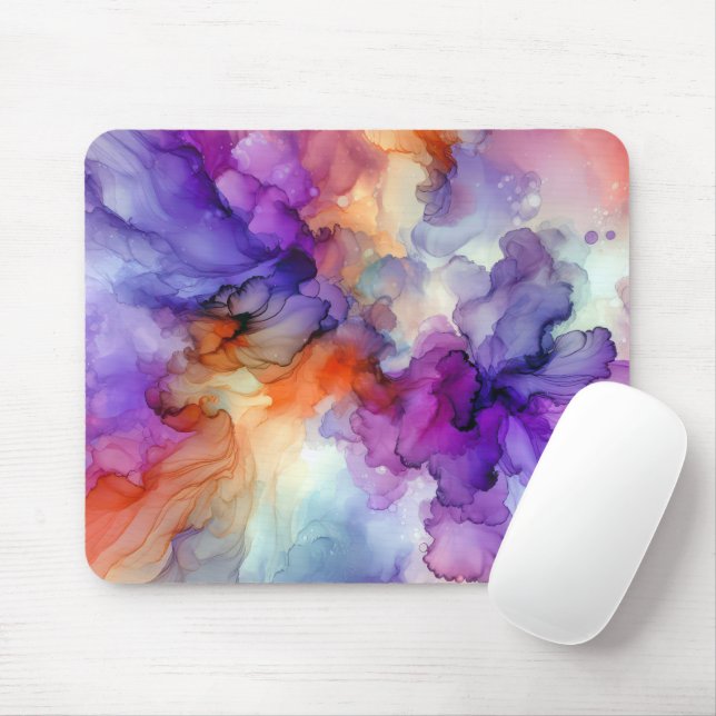 Mousepad Abstrato de Tinta de Álcool Laranja e Roxo (Com mouse)