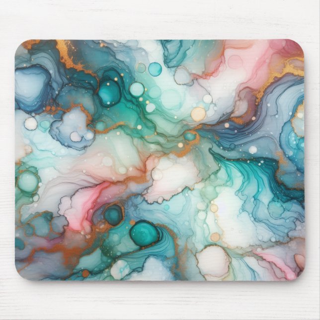 Mousepad Abstrato em Rosa, Azul Claro, Azul e Dourado (Frente)