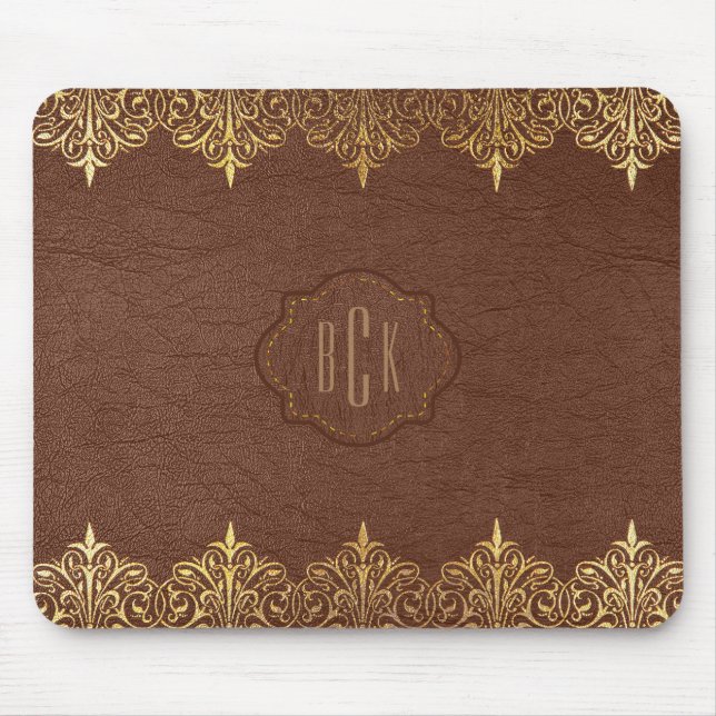 Mousepad Acento Dourado de rendas de couro castanho monogra (Frente)