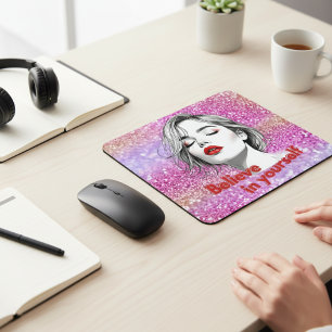 Mousepad Acredite em Si Mesma Brilho Rosa Inspirador
